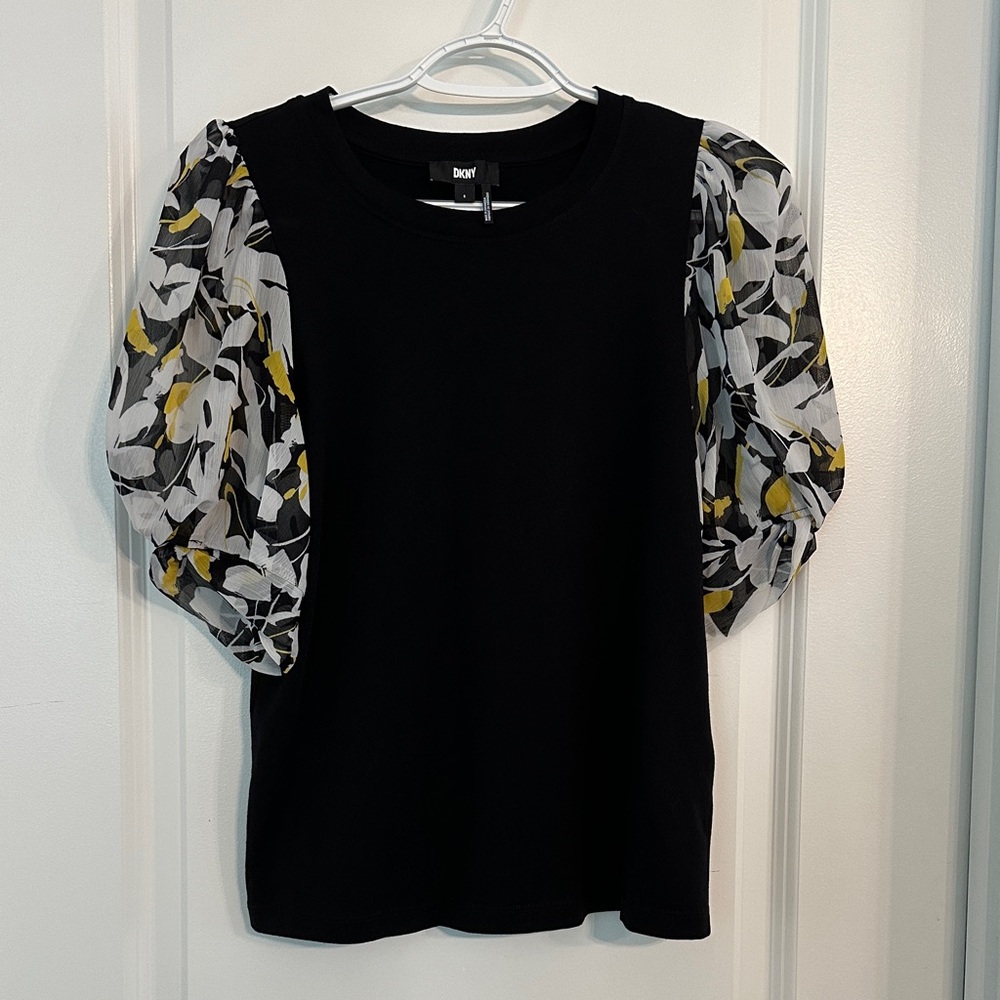 DKNY Black Blouse with Leaf Print Sleeves